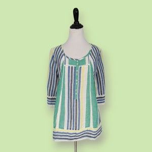 Anthropologie MERMAID Long Beach Blouse Peasant Top Striped Linen Shirt Green M‎